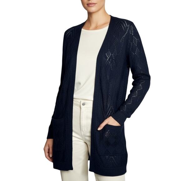 Market & Spruce Cecily Pointelle Open Duster Cardigan Blue NWT Size Small - Picture 1 of 10